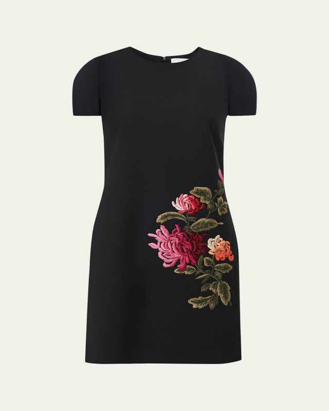Floral Embroidered Wool Mini Shift Dress